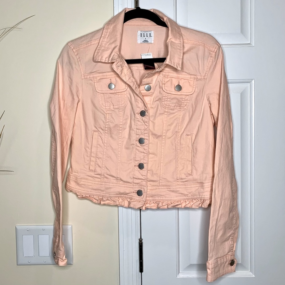 Elle “satin peach” cropped Ruffle Jean Jacket, Size S - Picture 3 of 8